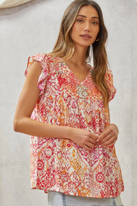 Babydoll Print Top with Floral Embroidery