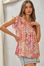 Load image into Gallery viewer, Babydoll Print Top with Floral Embroidery
