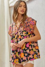 Load image into Gallery viewer, Multicolored Print Babydoll Top with Floral Embroidery
