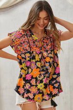 Load image into Gallery viewer, Multicolored Print Babydoll Top with Floral Embroidery
