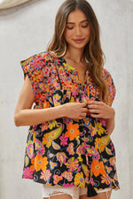 Load image into Gallery viewer, Multicolored Print Babydoll Top with Floral Embroidery
