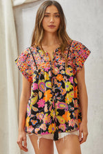 Load image into Gallery viewer, Multicolored Print Babydoll Top with Floral Embroidery
