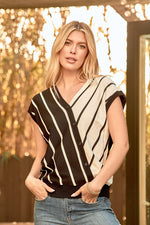 Load image into Gallery viewer, Short Sleeve V-neck Top Featuring a Stripe
