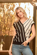 Load image into Gallery viewer, Short Sleeve V-neck Top Featuring a Stripe
