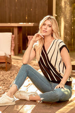 Load image into Gallery viewer, Short Sleeve V-neck Top Featuring a Stripe
