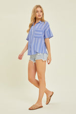 Load image into Gallery viewer, Light Airy Stripe Gauze Button Down Shirt in Ocean Blue
