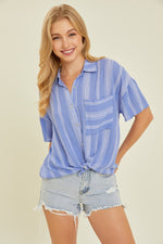 Load image into Gallery viewer, Light Airy Stripe Gauze Button Down Shirt in Ocean Blue
