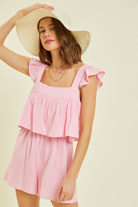 Gauze Square Neck Romper with Mini Ruffles on the Shoulder in Pink