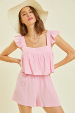 Load image into Gallery viewer, Gauze Square Neck Romper with Mini Ruffles on the Shoulder in Pink
