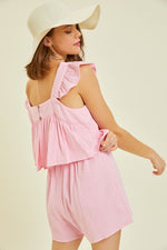 Load image into Gallery viewer, Gauze Square Neck Romper with Mini Ruffles on the Shoulder in Pink
