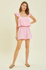 Load image into Gallery viewer, Gauze Square Neck Romper with Mini Ruffles on the Shoulder in Pink
