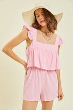 Load image into Gallery viewer, Gauze Square Neck Romper with Mini Ruffles on the Shoulder in Pink
