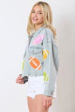 Load image into Gallery viewer, Football Towel &amp; Sequin Embroidery Denim Jacket
