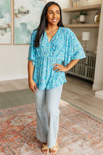 Load image into Gallery viewer, Dreamer Peplum Top in Blue and Teal Paisley
