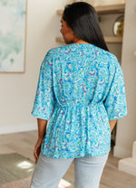 Load image into Gallery viewer, Dreamer Peplum Top in Blue and Teal Paisley
