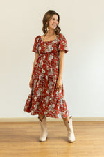 Load image into Gallery viewer, Elizabeth Midi Dress in Rust and Floral
