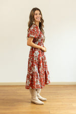 Load image into Gallery viewer, Elizabeth Midi Dress in Rust and Floral
