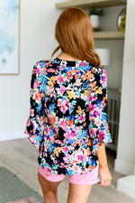 Load image into Gallery viewer, Lizzy Bell Sleeve Top Black and Teal Tropical Floral
