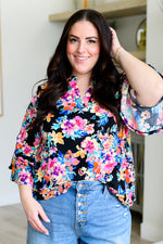 Load image into Gallery viewer, Lizzy Bell Sleeve Top Black and Teal Tropical Floral
