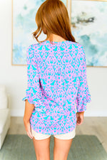 Load image into Gallery viewer, Lizzy Bell Sleeve Top in Mint and Pink Damask
