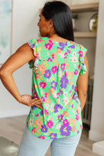 Load image into Gallery viewer, Lizzy Flutter Sleeve Top in Emerald and Purple Floral
