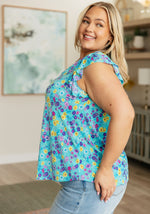 Load image into Gallery viewer, Lizzy Flutter Sleeve Top in Teal and Purple Floral
