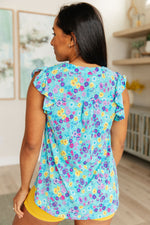 Load image into Gallery viewer, Lizzy Flutter Sleeve Top in Teal and Purple Floral
