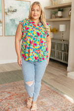 Load image into Gallery viewer, Lizzy Flutter Sleeve Top in Teal and Red Mod Floral

