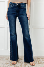 Load image into Gallery viewer, Shannon Mid Rise Rhinestone Detail Flare Jeans
