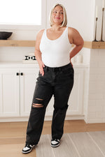 Load image into Gallery viewer, Susannah High Rise Rigid Magic 90&#39;s Distressed Straight Jeans in Black
