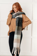 Load image into Gallery viewer, Wanderlust Wrap Oversized Plaid Fringe Scarf in Grey and Jade
