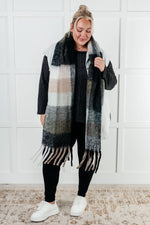 Load image into Gallery viewer, Wanderlust Wrap Oversized Plaid Fringe Scarf in Grey and Jade
