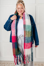 Load image into Gallery viewer, Wanderlust Wrap Oversized Plaid Fringe Scarf in Magenta and Teal
