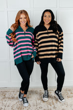 Load image into Gallery viewer, Well Situated Striped Quarter Zip Sweater in Black and Tan
