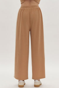 Solid Ribbed Contrast Trim Wide Leg Pants in Camel