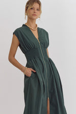 Load image into Gallery viewer, Solid V-Neck Sleeveless Dual Zipper Midi Dress in Hunter
