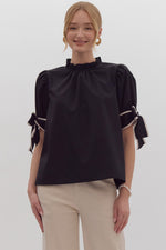 Load image into Gallery viewer, Solid Bow Tie Sleeve Blouse in Black
