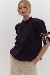 Solid Bow Tie Sleeve Blouse in Black