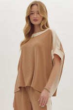 Load image into Gallery viewer, Solid Ribbed Contrast Trim Boatneck Top in Camel
