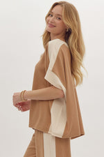 Load image into Gallery viewer, Solid Ribbed Contrast Trim Boatneck Top in Camel
