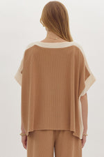 Load image into Gallery viewer, Solid Ribbed Contrast Trim Boatneck Top in Camel
