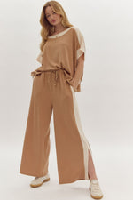 Load image into Gallery viewer, Solid Ribbed Contrast Trim Boatneck Top in Camel
