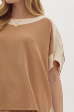 Load image into Gallery viewer, Solid Ribbed Contrast Trim Boatneck Top in Camel
