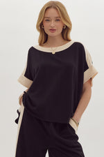 Load image into Gallery viewer, Solid Ribbed Contrast Trim Boatneck Top in Black
