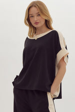 Load image into Gallery viewer, Solid Ribbed Contrast Trim Boatneck Top in Black
