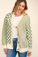 Load image into Gallery viewer, Button Down Checker Stripe Sweater Cardigan

