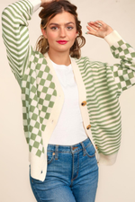 Load image into Gallery viewer, Button Down Checker Stripe Sweater Cardigan

