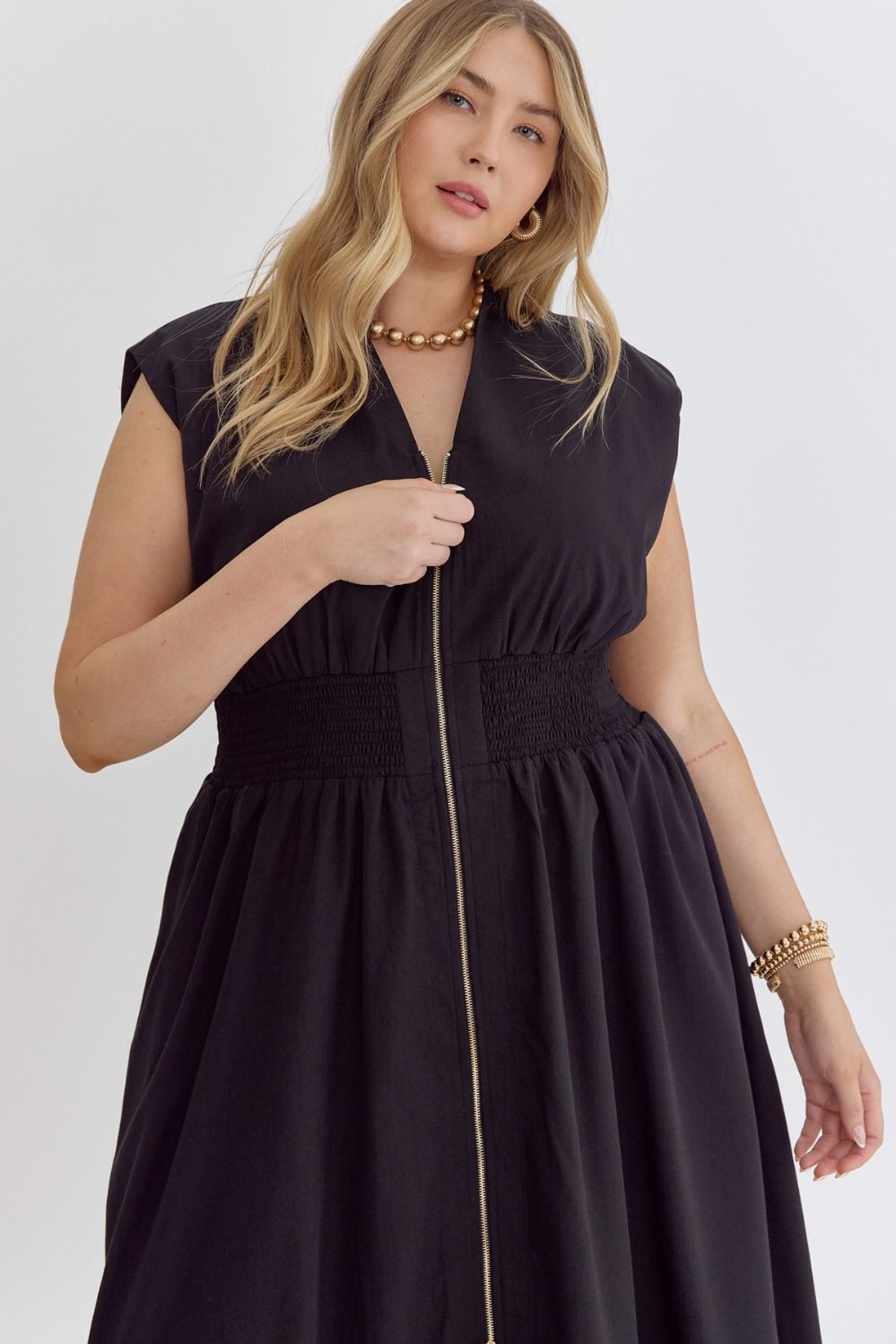 Solid V-Neck Sleeveless Dual Zipper Midi Dress in Black