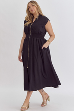 Load image into Gallery viewer, Solid V-Neck Sleeveless Dual Zipper Midi Dress in Black
