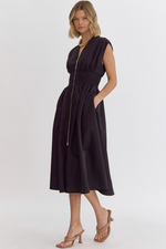 Load image into Gallery viewer, Solid V-Neck Sleeveless Dual Zipper Midi Dress in Black
